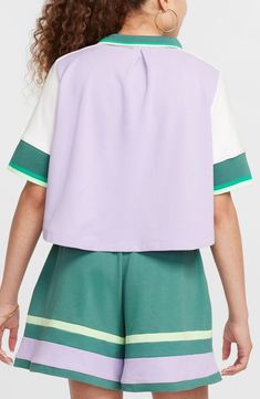 Your young one will look adorably preppy on and off the tennis court in a boldly colorblocked crop pullover cut from a lightweight cotton blend. Quarter-zip closure 65% cotton, 35% polyester Machine wash, tumble dry Imported Casual Tops With Contrast Panels For Spring, Sporty Tops With Color Contrast For Spring, Color Block Cotton Sportswear Tops, Cotton Color Block Sportswear Top, Athleisure Color Block Cotton Top, Cotton Color Block Tops For Athleisure, Sporty Tops With Contrast Panels For Spring, Sporty Green Color Block Tops, Green Color Block Sporty Tops