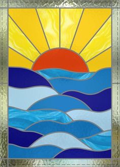 a stained glass window with the sun setting over water and waves in blue, yellow and orange