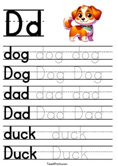 the letter d worksheet for children to learn how to write and draw letters