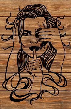 a drawing of a woman covering her face with her hand on a wooden background that looks like wood planks