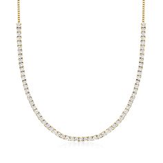 Ross-Simons - 6.25ct t. w. Cubic Zirconia Adjustable Tennis Necklace in 18kt Gold Over. Serve up major sparkle with this 6.25 ct. t. w. round brilliant-cut CZ tennis necklace! Solo or layered, our affordable style offers all the perks of the tennis trend for less, plus worry-free wear. Adjusts from 14" to 19" for the perfect fit. Set in polished 18kt yellow gold over sterling silver and stationed on a box chain. Lobster clasp, CZ adjustable tennis necklace. CZ weights are diamond equivalents. Formal Diamond White Tennis Necklace With Pave Setting, Formal Round Tennis Necklace With Pave Setting, Formal Yellow Gold Diamond Necklace With Sparkling Stones, Classic Formal Tennis Necklace With Pave Setting, Pave Setting Tennis Necklace Fine Jewelry, Classic Round Tennis Necklace With Pave Setting, Fine Jewelry Diamond White Tennis Necklace With Pave Setting, Diamond White Tennis Necklace With Pave Setting, Yellow Gold Cubic Zirconia Diamond Necklace With Sparkling Stones