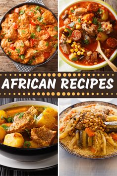 four different african dishes are shown with the words african recipes above them and below it