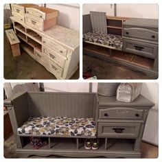 an old dresser has been transformed into a changing table with drawers, and is being used as a bed