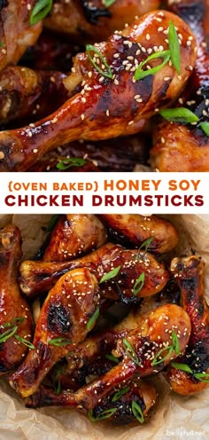 chicken drums with sesame seeds and seasoning on top in a paper bag text overlay reads ovened honey soy chicken drums