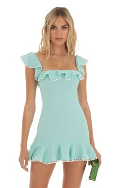 Celosia Ruffle Mini Dress in Aqua | LUCY IN THE SKY Cute Birthday Dresses For Teens Preppy, March Party Dress, Preppy Dresses Summer Country Club Prep, Hoco Dresses Mini Preppy, Junior Prom Dresses Short Preppy, Preppy Confirmation Dresses, Pollie Mini Dress Revolve, Cotillion Dresses Mini, Barmitzva Dress Guest