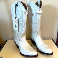 Purchased And Never Worn. New With Tags. Cream Boots With Reinforced Heel And Snip Toe, White Country Style Boots For Ranch, White Snip Toe Boots For Ranch, Cream Snip Toe Boots With Leather Sole, Cream Leather Boots For Rodeo, White Western Boots With Almond Toe, White Pointed Toe Boots For Ranch, Cream Snip Toe Boots For Ranch, Western Style Cream Boots With Reinforced Heel