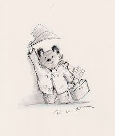 a drawing of a teddy bear holding onto a hat and suitcase with his arm in the air