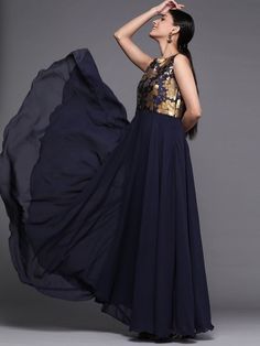 Buy pleasing woven navy blue georgette partywear gown dress online for celebrating Eid festival from Inddus.com. Eid Festival, Lehenga Suit, Palazzo Suit, Sharara Suit, Embroidered Wedding, Gowns Online, Gown Dress, Designer Gowns, Custom Tailoring