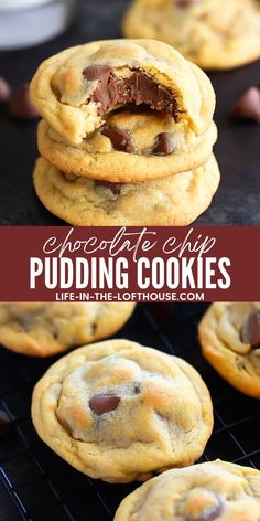 chocolate chip pudding cookies stacked on top of each other with the title in the middle