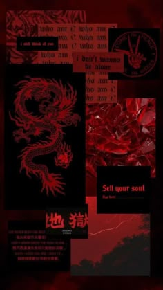 red and black collage with chinese writing on it's side, including an image of a dragon