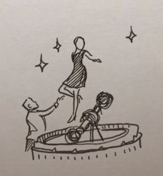 a drawing of two people on a trampoline with stars in the sky behind them