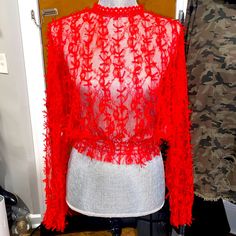 - See Through / Transparent / Mesh - High Crew Neck, Zipper Closure, Elastic Waist Red Mesh Top For Spring, Red Lace Tops For Spring, Red Lace Blouse For Spring, Red Lace Undershirt, Red Lace Long Sleeve Top, Red Mesh Long Sleeve Top, Red Sheer Fabric, Sheer Stretch V-neck Mesh Top, Blue Lace Blouse