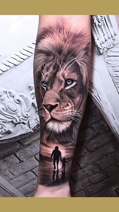 a man and a woman holding hands with a lion tattoo on their arm that has blue eyes