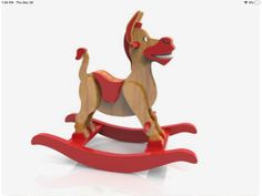 a wooden toy dog on a red rocking horse with white backround and yellow legs