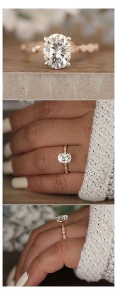 three different views of a woman's hand with an engagement ring on top and the other