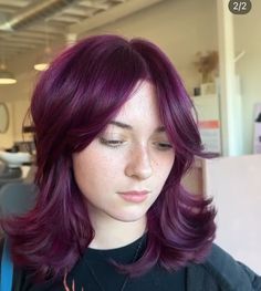 Purple Hair Pink Tips, Purple Dye On Brown Hair, Purple Money Piece Hair Brunette, Short Plum Hair, Black And Lavender Hair, Red Hair With Purple Highlights, Purple Magenta Hair, Eggplant Purple Hair, Electric Purple Hair