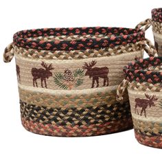 three woven baskets with moose designs on them