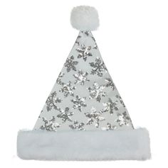 Look at this sparkling Santa hat your kids will love it. The Santa hat is white with snowflake sequins with white faux fur and a pom pom at the bottom. This Santa hat is perfect for adding an extra bit of glitz your holiday wardrobe. A great alternative to the traditional Santa hat. Product Features: Features satin like feel with a mesh overlay Embellished with silver sequined snowflakes White faux fur trim and pom-pom at the bottom One-sided design with white poly lining Care instructions: spot Sequin Snowflake, Christmas Santa Hat, Holiday Hats, Christmas Central, Stocking Tree, Snowflake Christmas, Indoor Christmas Decorations, White Velvet, Christmas Costumes