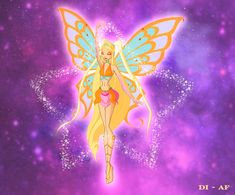 a fairy with wings flying through the air in front of purple and blue stars,