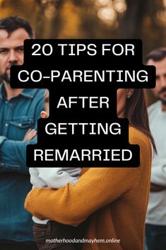 two people with their arms around each other and the words 20 tips for co - parenting after getting remarred