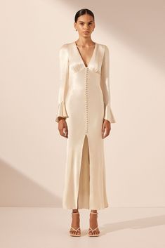 La Lune Frill Cuff Bias Midi Dress | Cream | Dresses | Shona Joy Shona Joy La Lune, Shona Joy Dress, Shona Joy, Dress Cream, Midi Length Skirts, Handmade Dresses, Long Sleeve Maxi, Cream Dress, Long Sleeve Maxi Dress