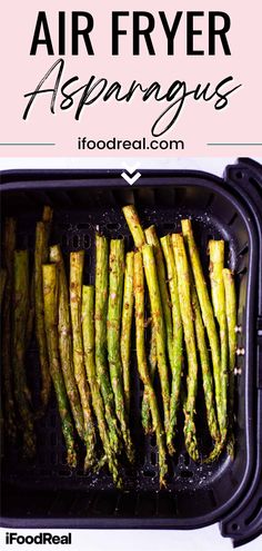 asparagus in an air fryer with text overlay