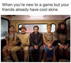 a group of people sitting next to each other on a train with the caption, when you're new to game but your friends already have cool skins