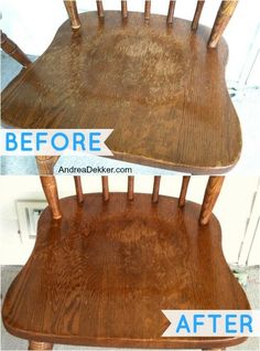 before and after photos of a wooden chair