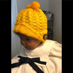 Hand Knitted Beanie Hat With Double Pom Pom. Sunshine Yellow, Very Soft And Has A Shiny Look To It. 100% Premium Micro Acrylic Casual Hand-knitted Yarn Bonnet, Casual Hand Knitted Bonnet, Casual Hand-knitted Bonnet, Casual Yellow Crochet Hat Hand Knitted, Casual Yellow Handmade Crochet Hat, Casual Yellow Crochet Hat, Casual Hand Knitted Acrylic Yarn Bonnet, Knitted Beanie Hat, Knitted Beanie