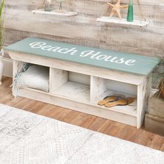 a beach house bench with shoes on it