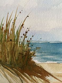 watercolor painting of grass on the beach