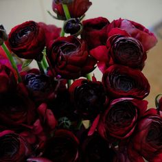 a vase filled with red flowers on top of a wooden table