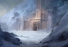 a painting of a castle in the middle of a snow covered mountain with ice on it