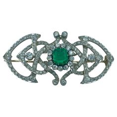 This classical French emerald and diamond brooch from circa 1870 consists of a vivid green square emerald cut emerald of approximately 5 carats adorned with 7 carats of old European cut diamonds. The stones have been set in platinum which is in turn mounted on 18k gold. Green Square, Jewellery Sketches, Antique Brooches, Jewelry Boards, Diamond Brooch, European Cut Diamonds, Emerald Jewelry, Gorgeous Jewelry, Dream Jewelry