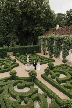 a bride and groom standing in the middle of a mazed garden with hedges on each side