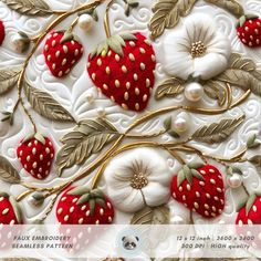 a close up of a cake decorated with strawberries and flowers on white icing