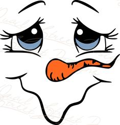 a cartoon face with blue eyes and a carrot in its mouth