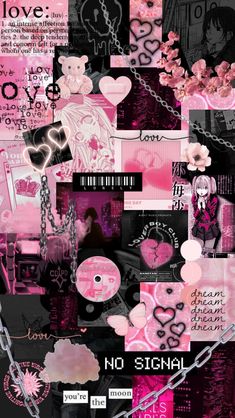 a collage of pink and black images with hearts, flowers, and other things