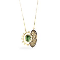 Gold, Silver & Stone Necklace - This necklace features a lovely deep green, 2.51ct emerald set in 18K yellow gold and surrounded by diamonds, G color and VS2 clarity, with .02tcw. The stardust is created by fusing bits of 18K yellow gold to oxidized sterling silver. This pendant hangs on a 1.1mm 18K yellow gold cable chain. and closes with a spring ring clasp. 2 Stone Necklace, Emerald Set, Artful Home, Emerald Necklace, Pearl Diamond, Oxidized Sterling Silver, Deep Green, Stardust, Stone Necklace