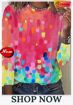 Colorblock Casual Loose T-shirt Color Dots, Boho Chic Top, Bright Patterns, Collar Top, Sleeves Pattern, Favorite Jeans, Tie Dye Top, Color Blocking, Boho Chic