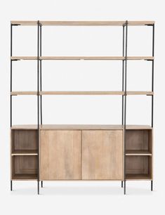 the shelving unit is made out of wood and metal, with three shelves on each side