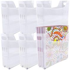 six clear plastic storage boxes with handles and dividers on each side, set against a white background