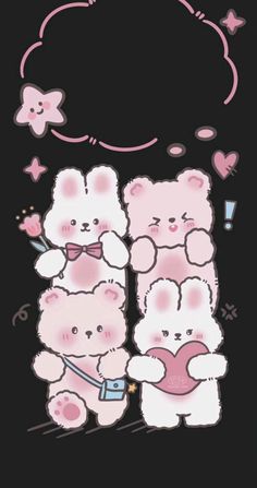 some pink teddy bears are standing together in front of a black background with a thought bubble above them