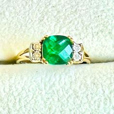 10k Yellow Gold Stamped Synthetic Lab Emerald And Accent Diamonds Size 7 Easily Sizeable 7 Rings, Ring Color, Diamond Sizes, Emerald Ring, Womens Jewelry Rings, Emerald, Lab, Diamonds, Size 7