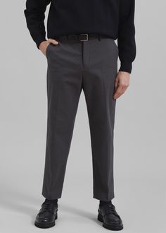 Color: Grey Midweight cotton blend fabric Regular fit Side seam pockets Back welt pockets Belt loops Zip fly Front button closure Unlined 97% Cotton 3% Elastane Dry Clean By The Frankie Shop. Imported Fitted Gray Cotton Pants, Classic Cargo Pants With Welt Pockets, Tailored Full-length Cotton Work Pants, Tailored Cotton Full-length Work Pants, Classic Tapered Leg Dress Pants With Side Pockets, Formal Cotton Bottoms With Side Pockets, Workwear Chinos With Side Pockets, Business Casual Cotton Cargo Pants With Side Pockets, Business Tapered Leg Chinos With Pockets