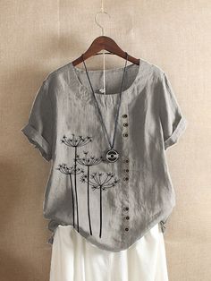 Floral Casual Crew Neck Short Sleeve Top Gray Printed Summer Top, Gray Printed Tops With Relaxed Fit, Gray Printed Top With Relaxed Fit, Fabric Paint Shirt, Paint Shirts, T Shirt Painting, Linen Tshirts, 자수 디자인, Floral Short