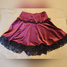 Red Velvet With Black Lace Trim. Very Comfortable. Gothic Style Fitted Red Mini Skirt, Gothic Red Bottoms For Party, Red Stretch Skirt For Costume Party, Burgundy Lined Skirt, Burgundy Mini Skirt With Lined Detail, Burgundy Mini Skirt With Lining, Burgundy Lined Mini Skirt, Red Mini Skirt For Costume Party, Fitted Lined Burgundy Mini Skirt