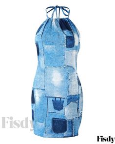 Fisdy - Elegante minivestido con estampado inspirado en los vaqueros, sin espalda y halter Waistcoat Sweater, Solid Dress Casual, Halter Dress Summer, Denim Print, Blue Party Dress, Printed Halter Dress, Long Sleeve Dress Formal, Patterned Jeans, Cotton Linen Dresses