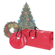 a christmas tree is next to a red bag