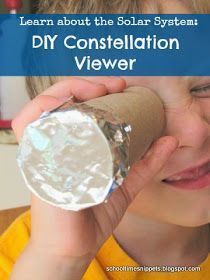 a young boy holding a roll of paper and looking through it with the words learn about the solar system diy constellation viewer